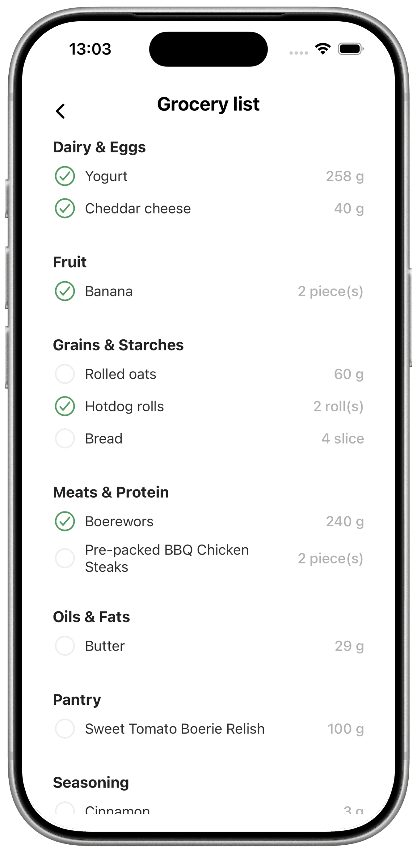 Gobble Guide grocery list screen